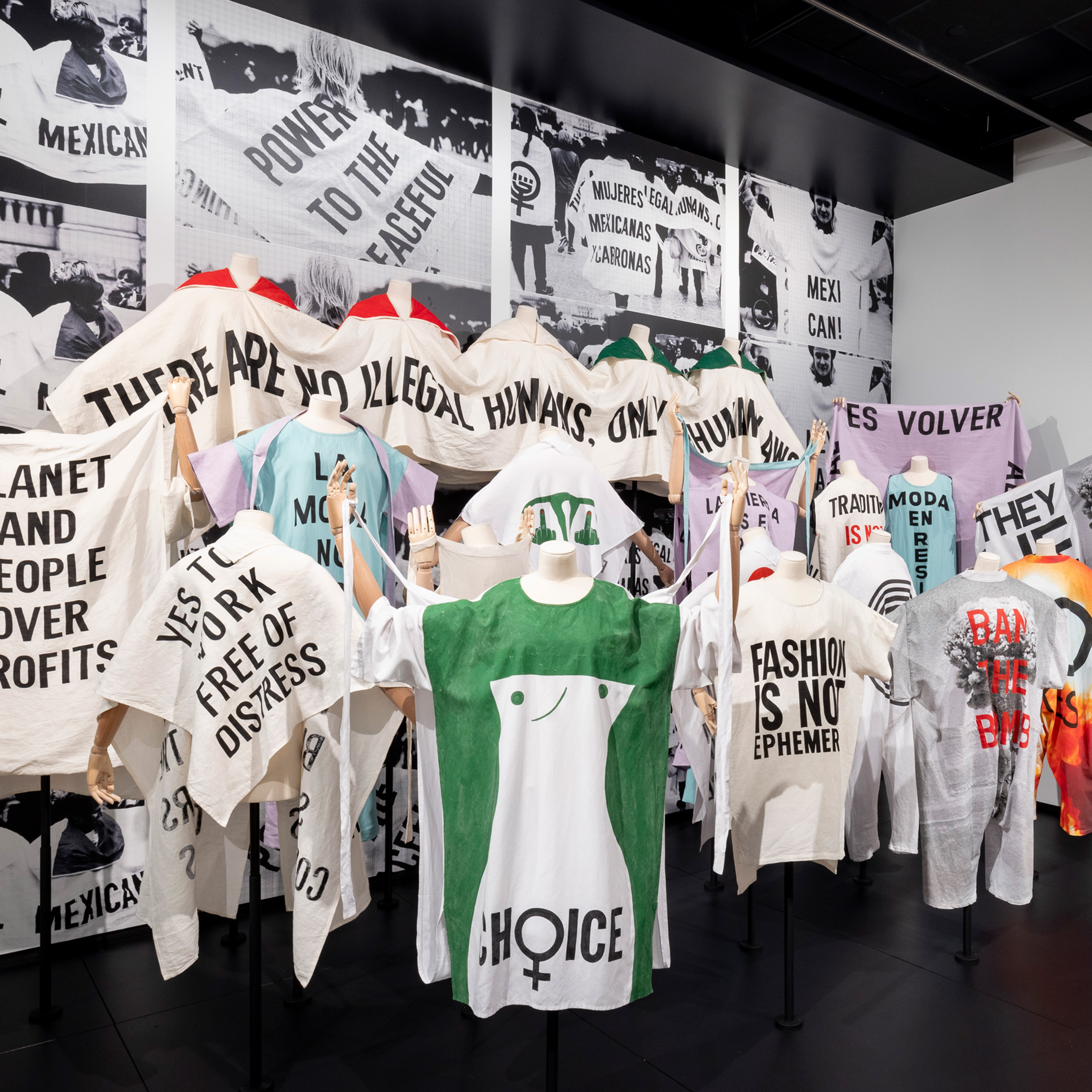 A group of mannequins wearing Carla Fernandez's clothing that she made specifically for protests.