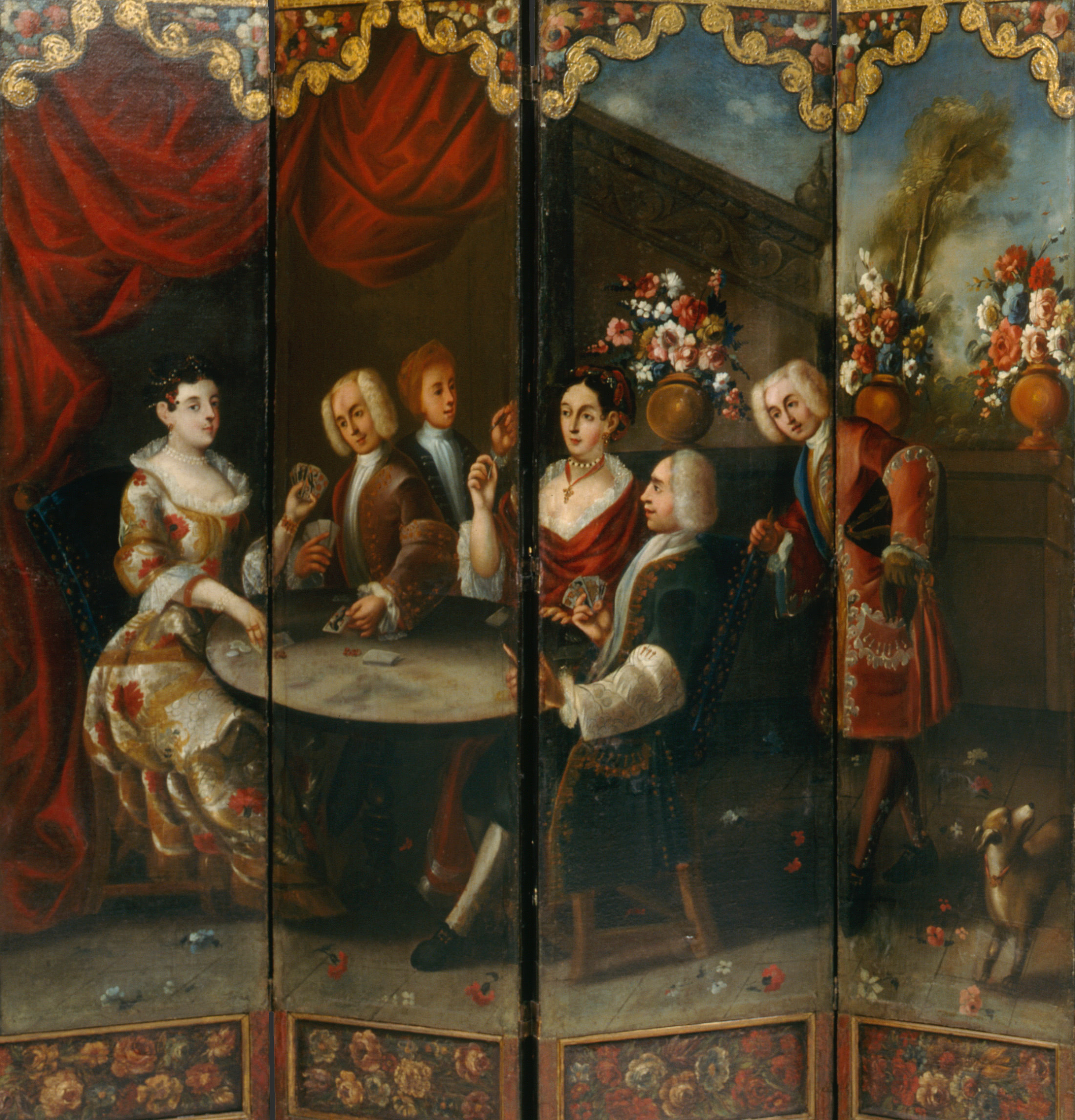 Detail from a folding screen upon which is painted a scene of a garden party at a countryside home