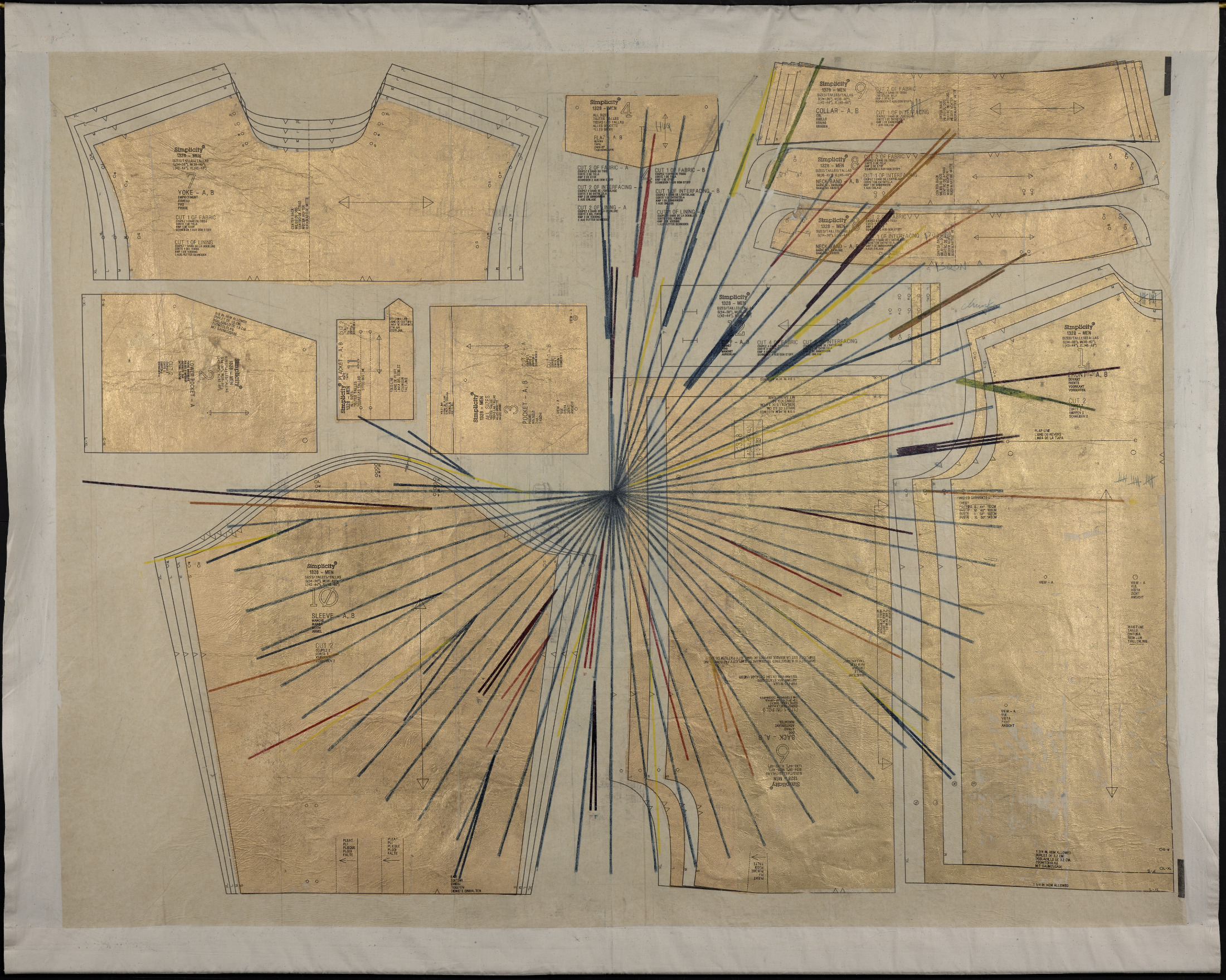 A shirt pattern overlaid with lines radiating from a central point.