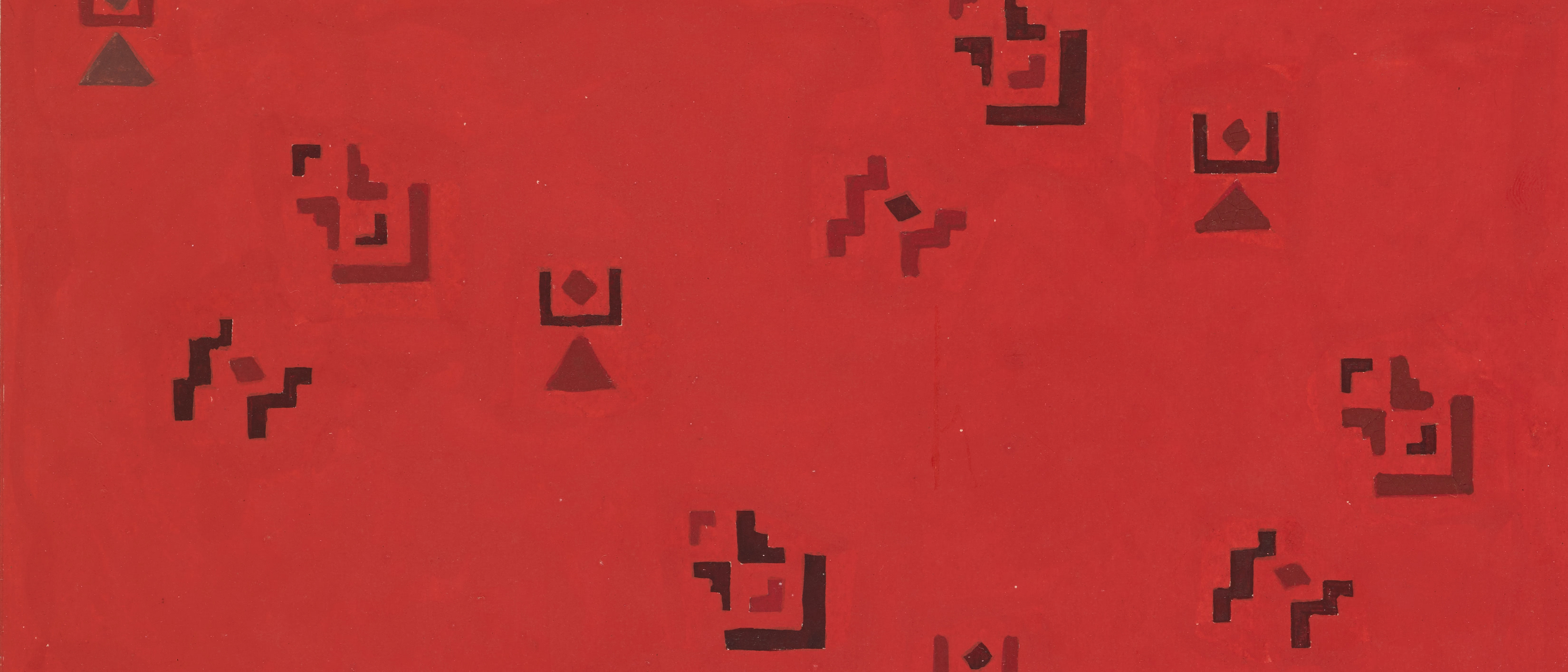 A geometric design on a red paper field mounted on a brown paper matte.