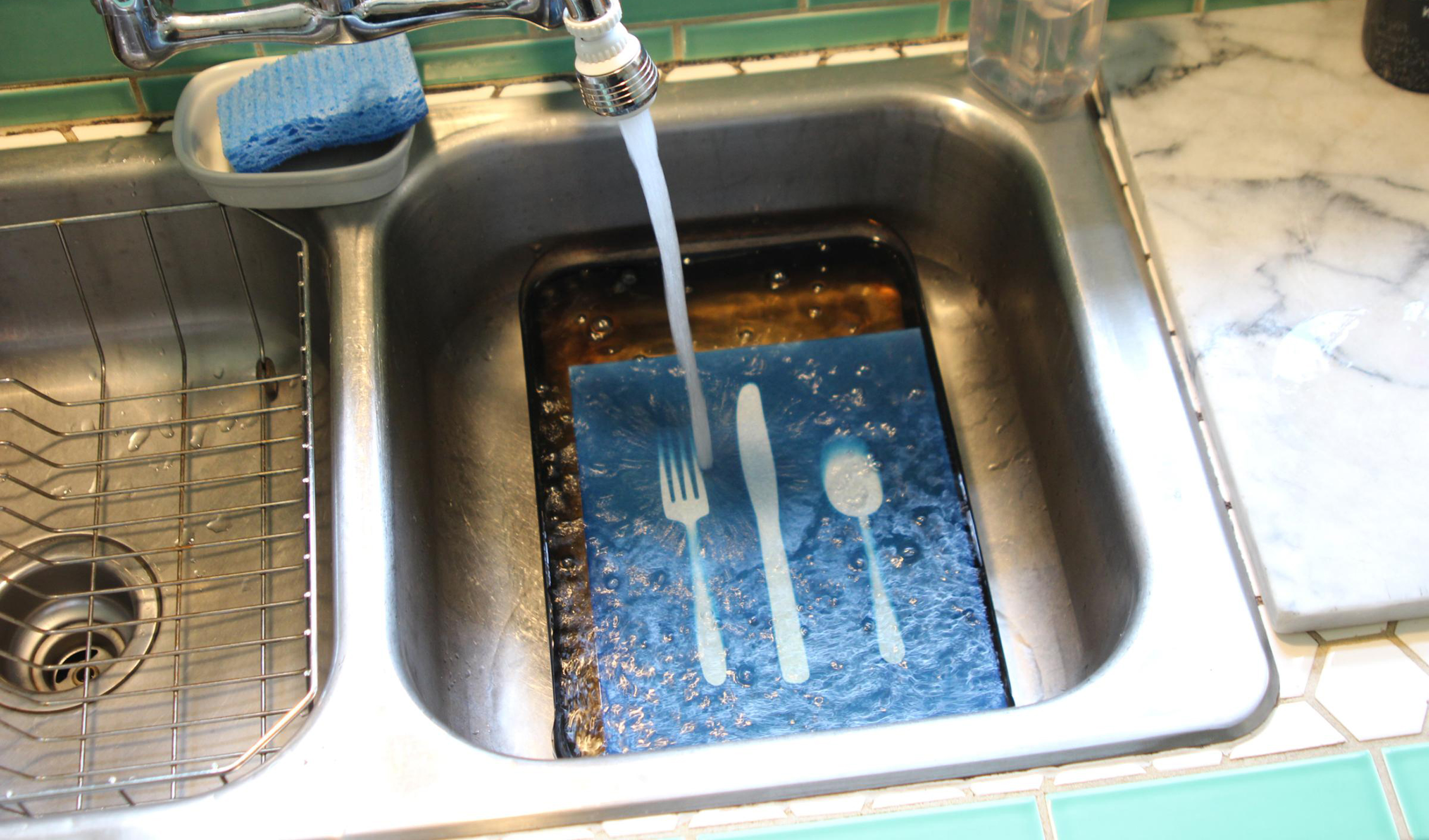 Cyanotype print beling developed under a running faucet