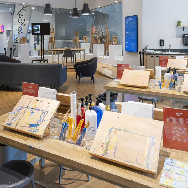 Artmaking stations inside the Landscape Studio