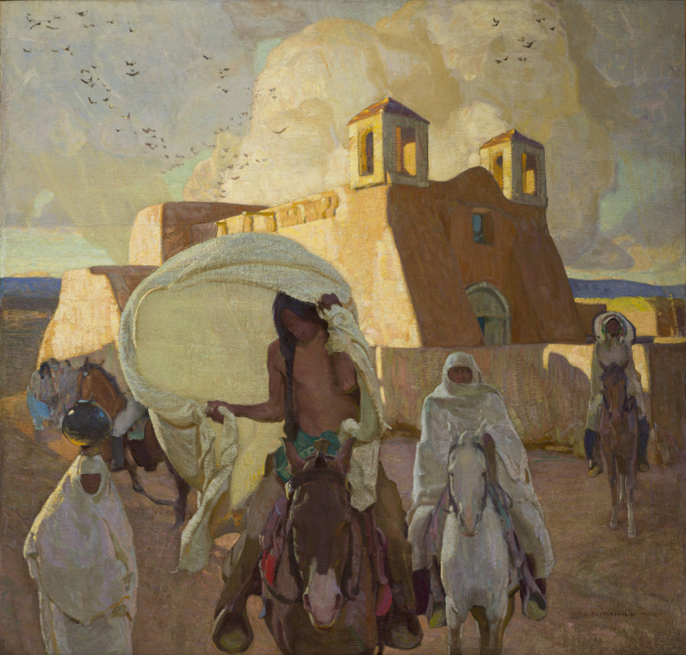 Figures on horseback leaving a large brick church in the background