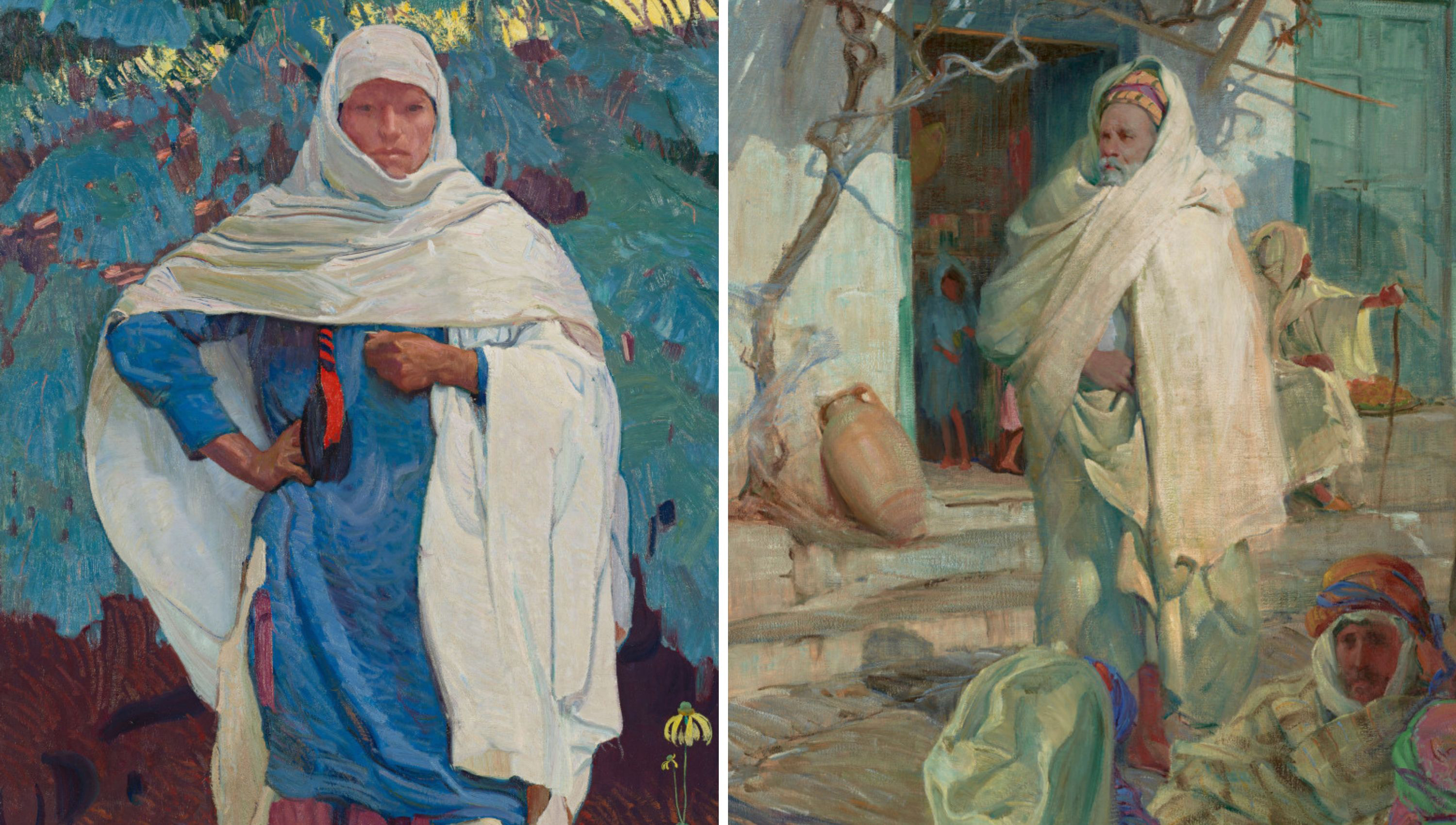 Two paintings, a woman in blue and white cloth on the left and a man wrapped in white cloth on the right