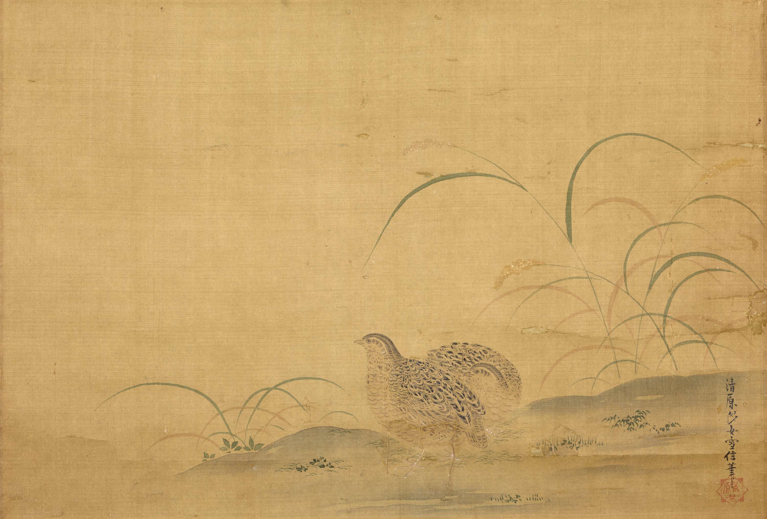 In the bottom quarter of this horizontal composition, two quail with black speckled feathers stand in a thinly painted landscape dotted by a few plants with long, thin green leaves. A vertical line of Japanese calligraphy and a red stamp appear in the lower right corner.