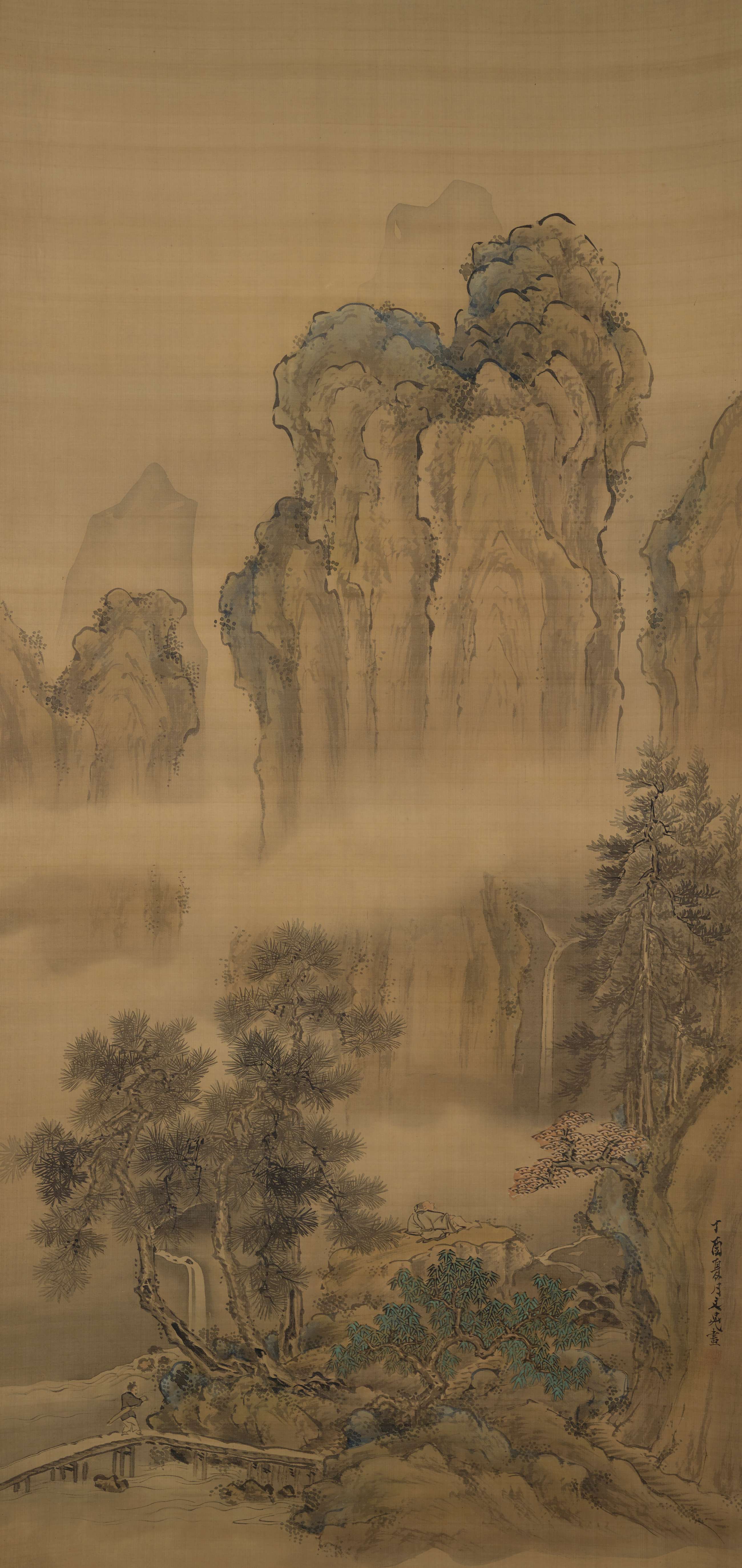 In the center right of this long, vertical composition, a waterfall emerges from a tall, craggy hill. A small-scale man reclines on an outcropping in front of the waterfall, surrounded by a variety of trees. In the lower left corner, another man crosses a bridge carrying an instrument.
