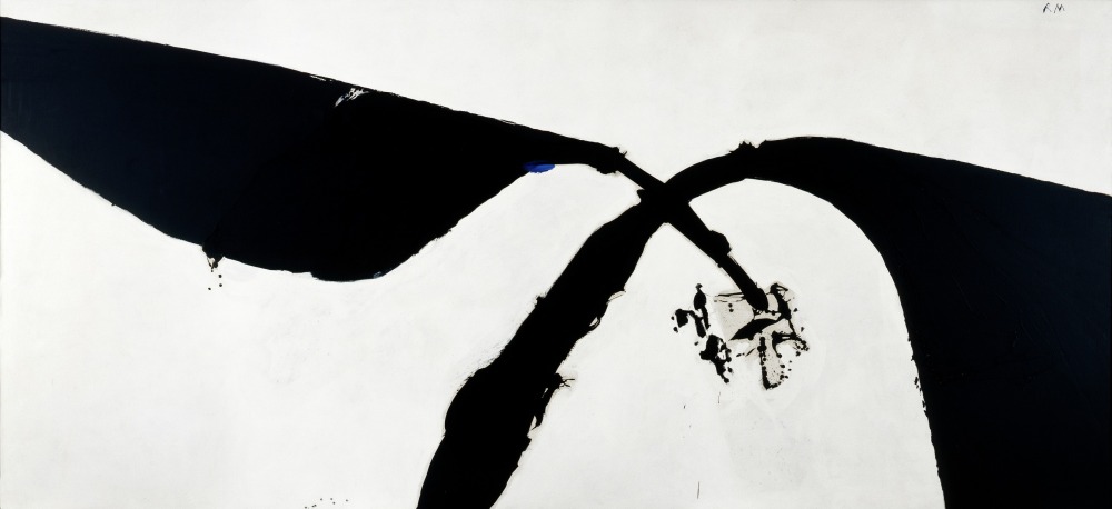 Abstract black and white paintings with intersecting shapes crossing over each other