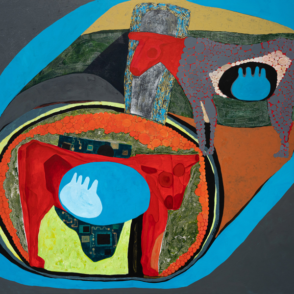 Colorful abstract painting with symbolism of animals, a city, a lake, and more admist geometrical shapes
