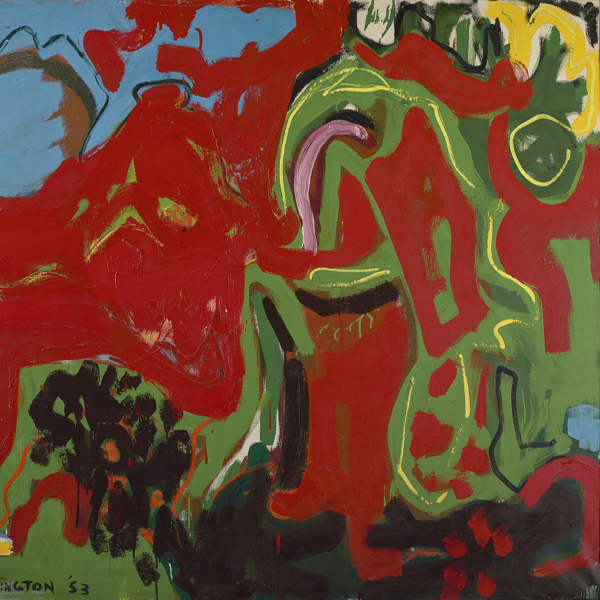 Abstract painting of swirling red, green, blue, and black colors