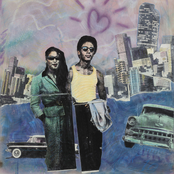 Mixed media artwork depiciting a sharply-dressed man and woman on a night on the town