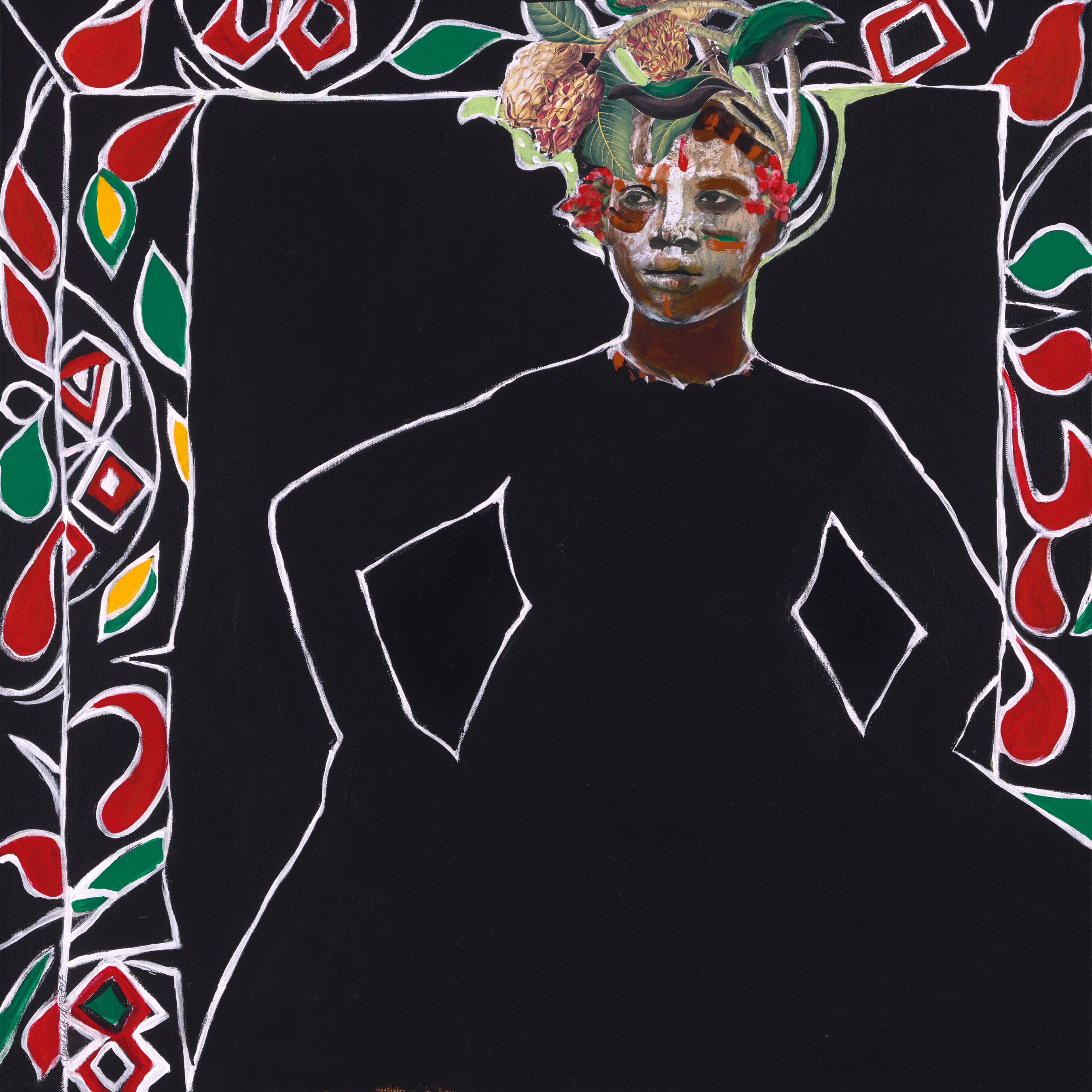 Painting of a black woman outline in white wearing white makeup and an elaborate headdress