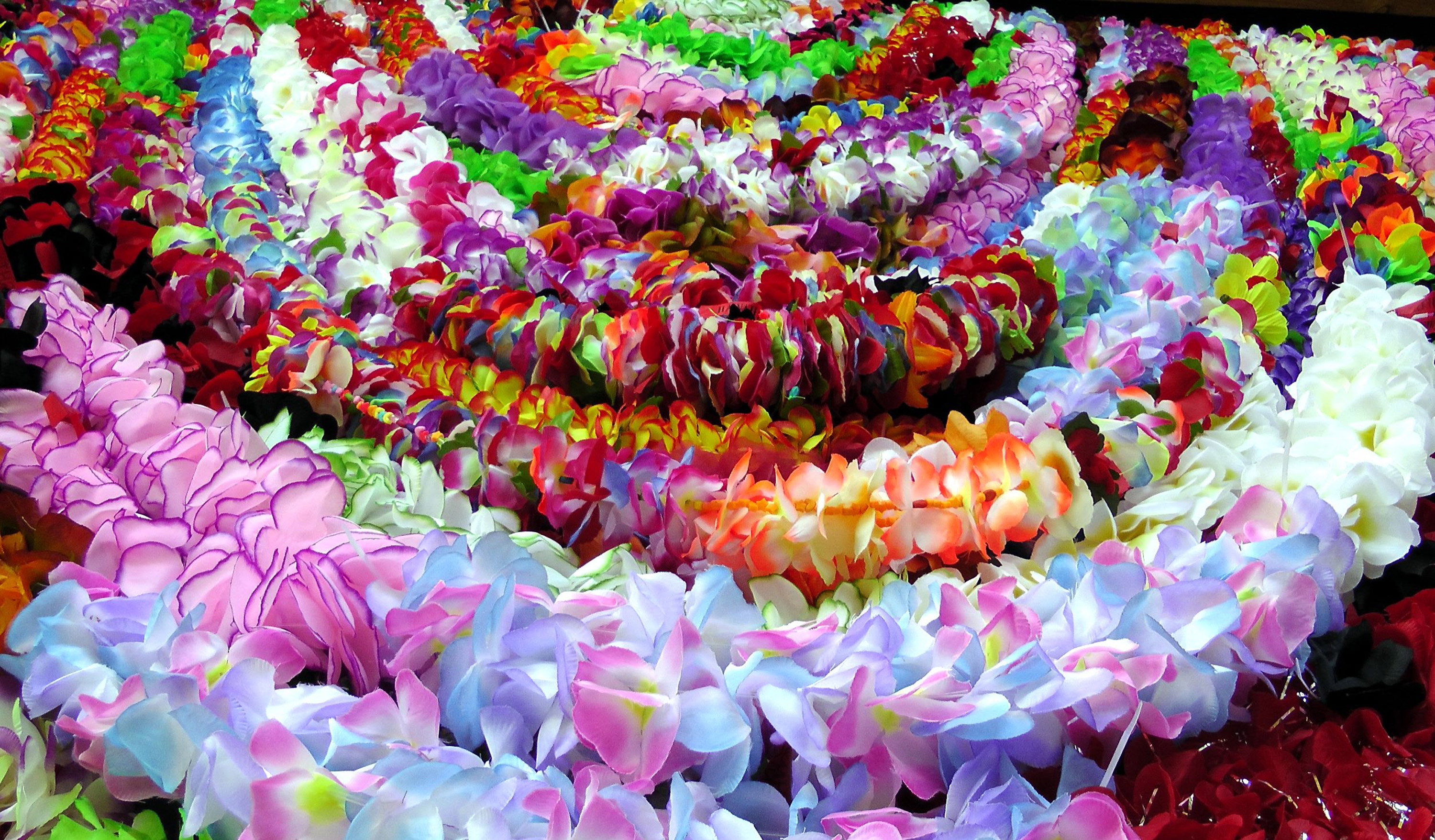 Close-up of a swirl of colorful flower leis