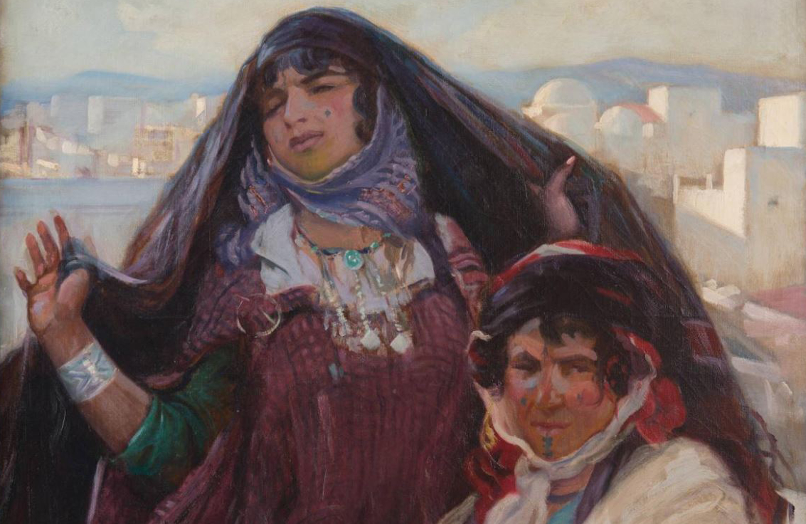Painting of two Tunisian women dressed in traditional clothing
