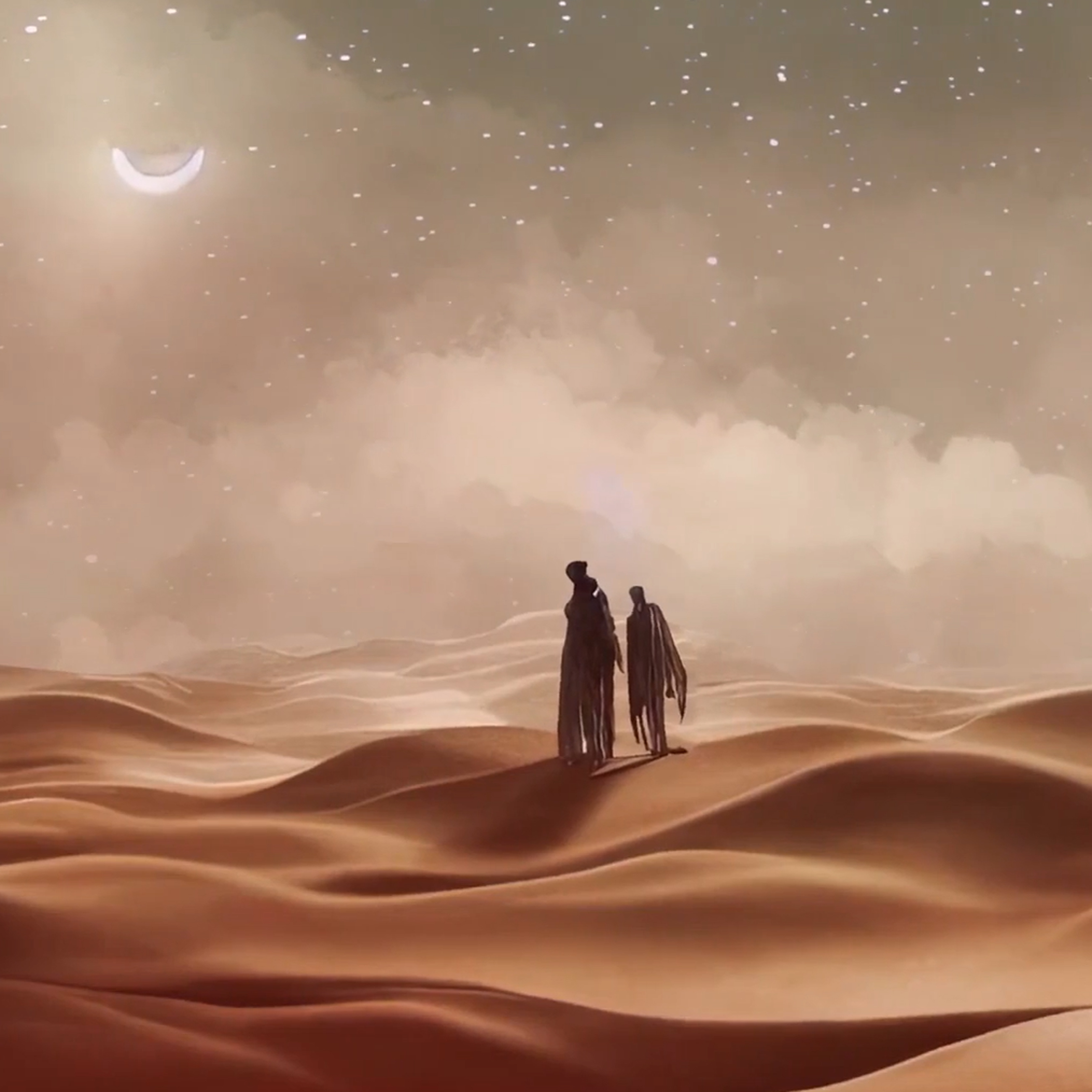 video still showing 2 people in sand dunes a crescent moon in the sky above