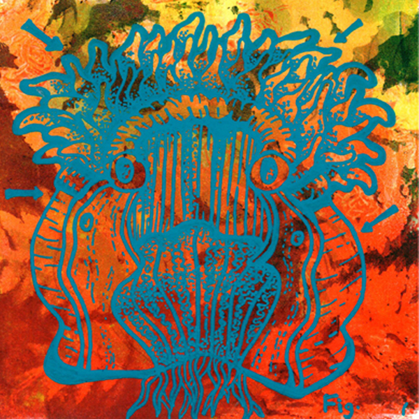 Brightly-colored illustrated monoprint featuring a design of sea anemone