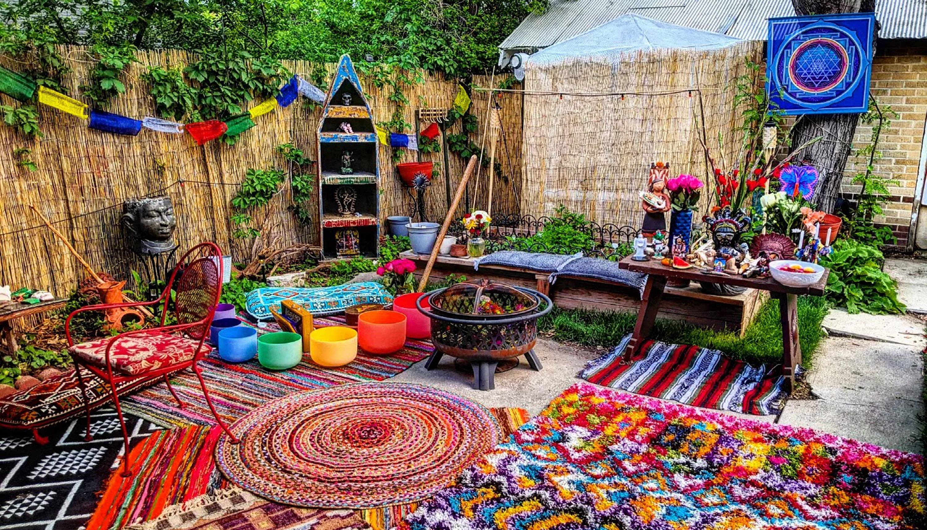 Outdoor patio filled with items and instruments for sound healing