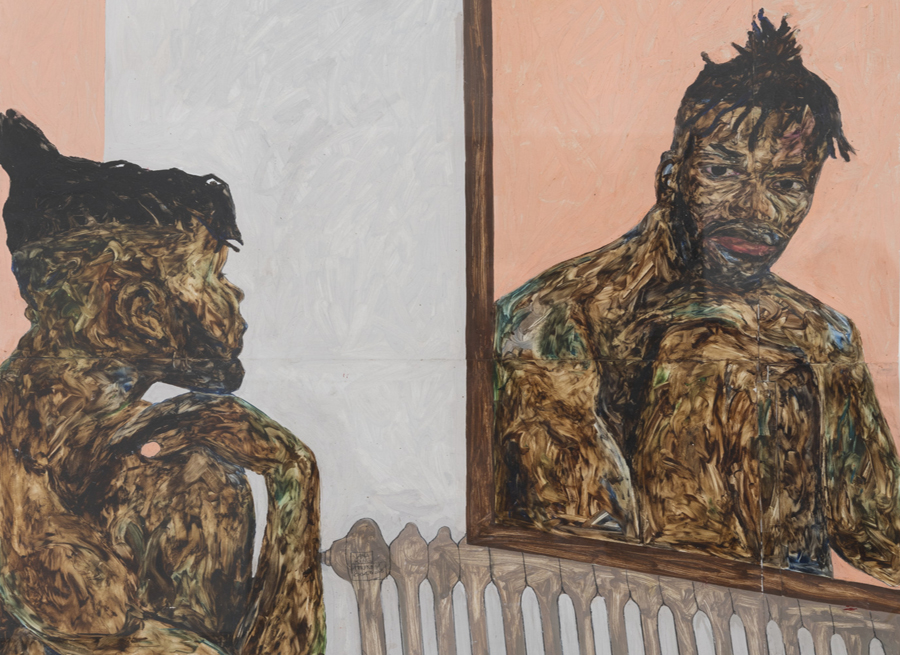 Self-portrait of a shirtless Black man looking in the mirror