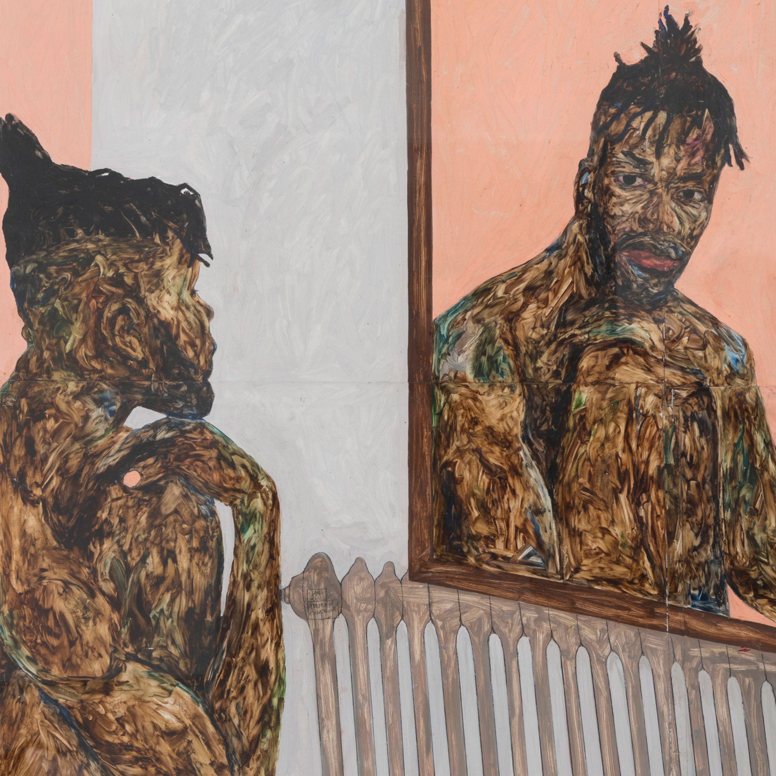 Self portrait of a shirtless Black man looking into the mirror