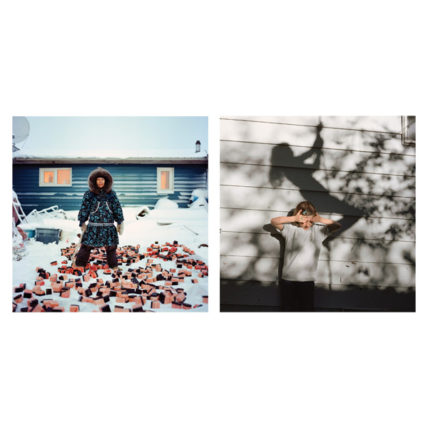 Two photographs side by side. The left photograph is of a young girl with a shadow of her swinging from a tree directly behind. The right photograph is of an Inuit woman standing in front of a large pile of whale meat.