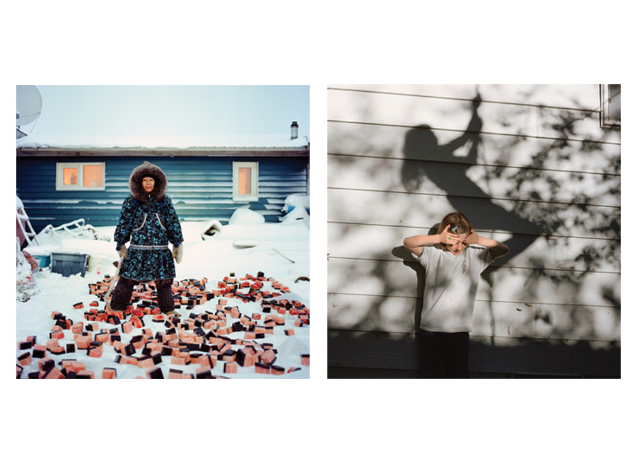 Two photographs side by side. The left photograph is of a young girl with a shadow of her swinging from a tree directly behind. The right photograph is of an Inuit woman standing in front of a large pile of whale meat.