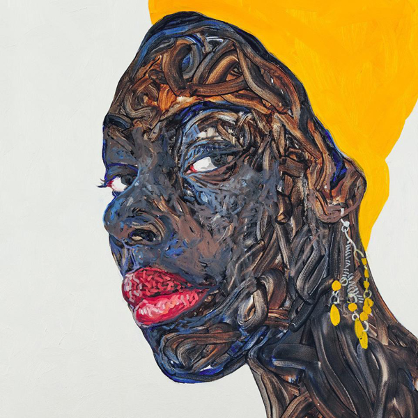 painting of a black woman from the neck up, she wears a yellow headwrap