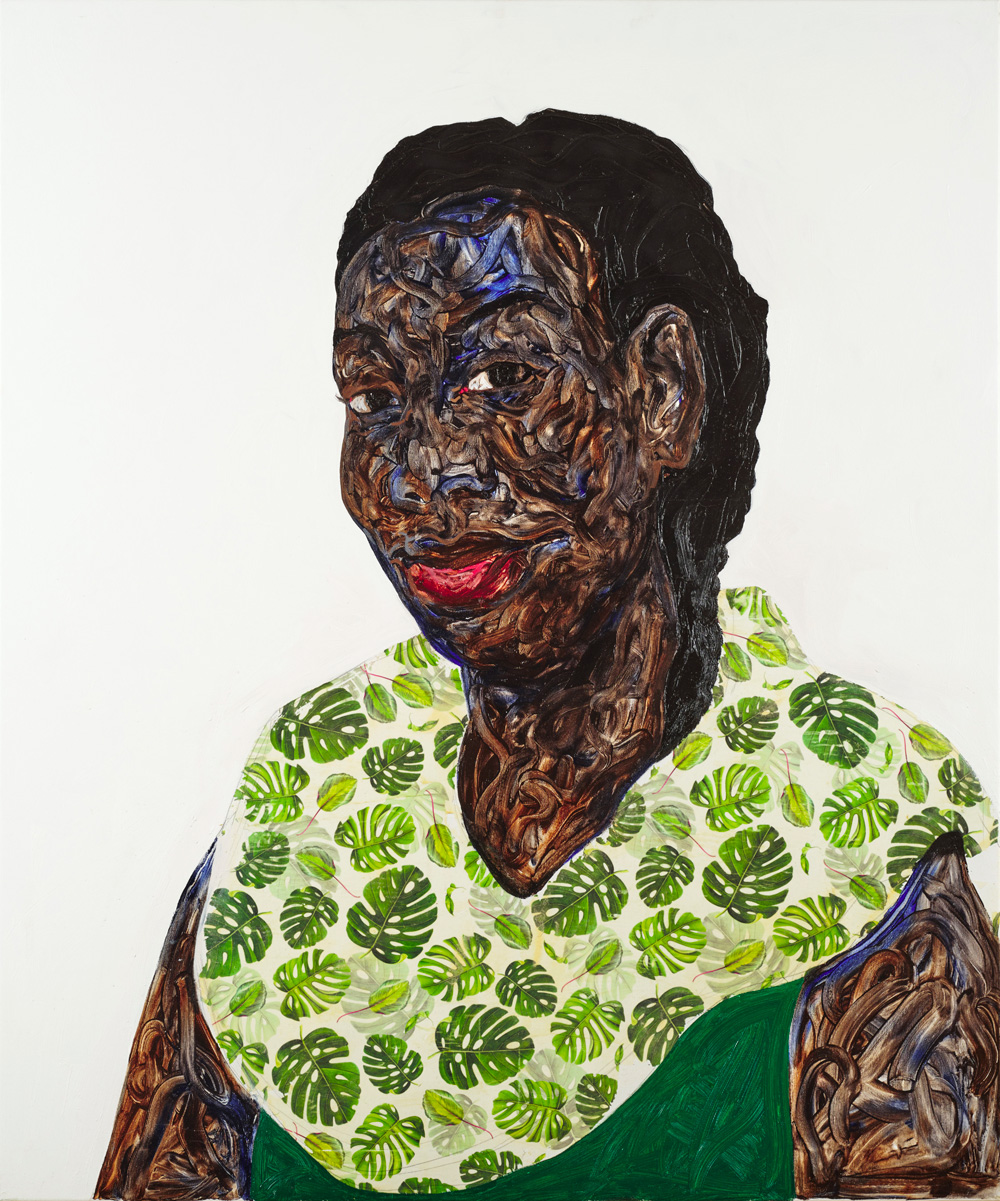 painting of a black woman in a dress with a cape with a leafy print
