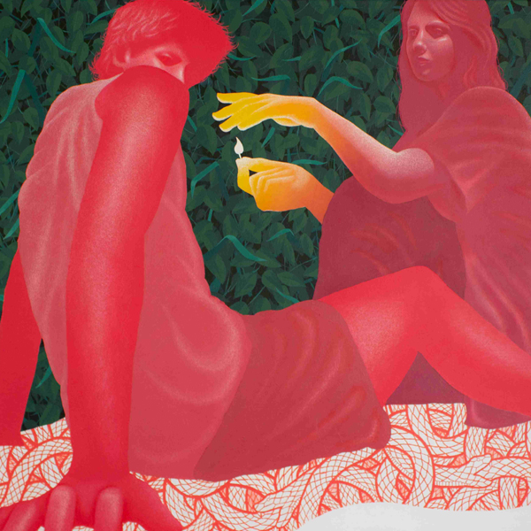 Red figures laying on the ground in front of a green background