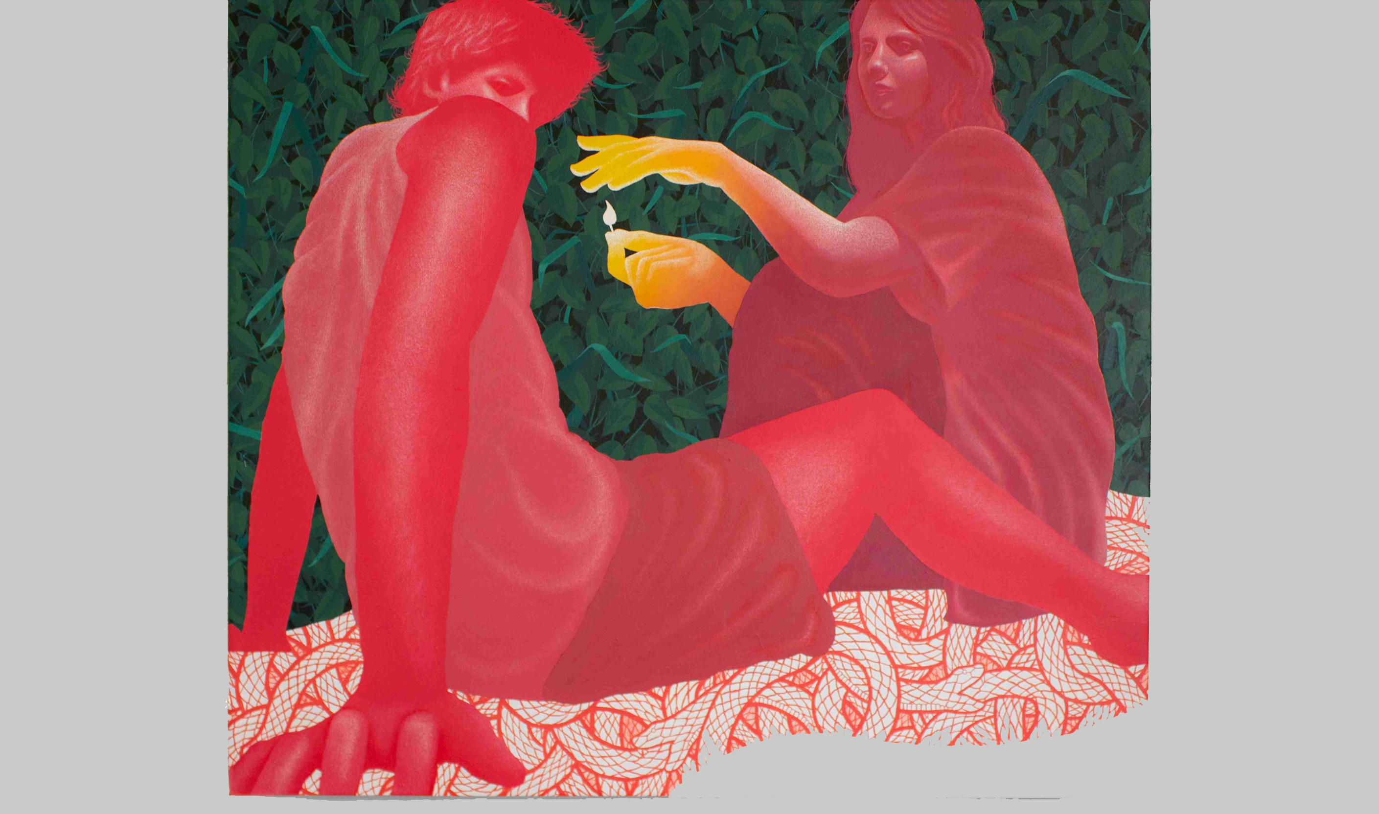 Red figures laying on the ground in front of a green background