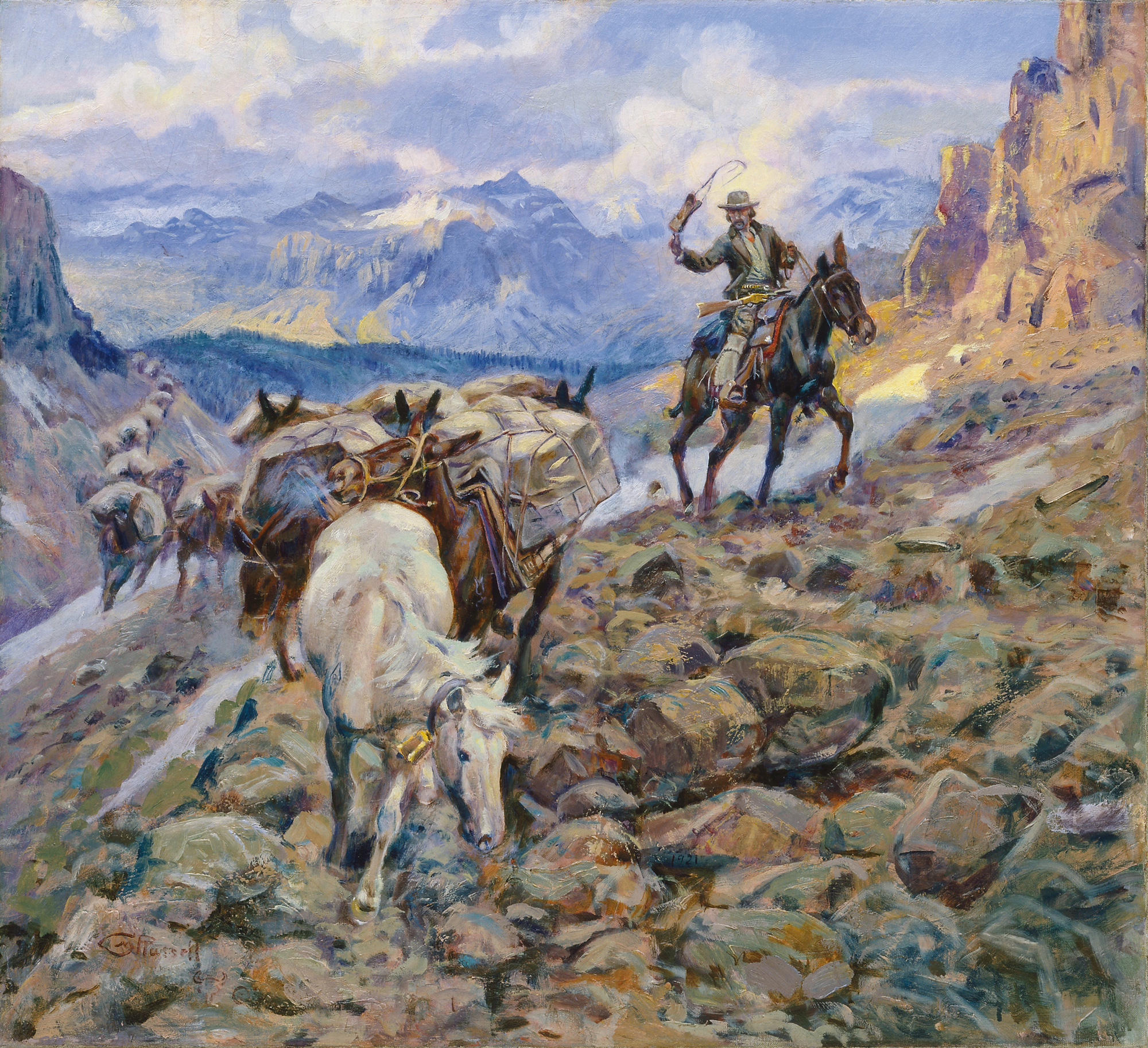 Cowboy wrangling a group of horses carrying cargo