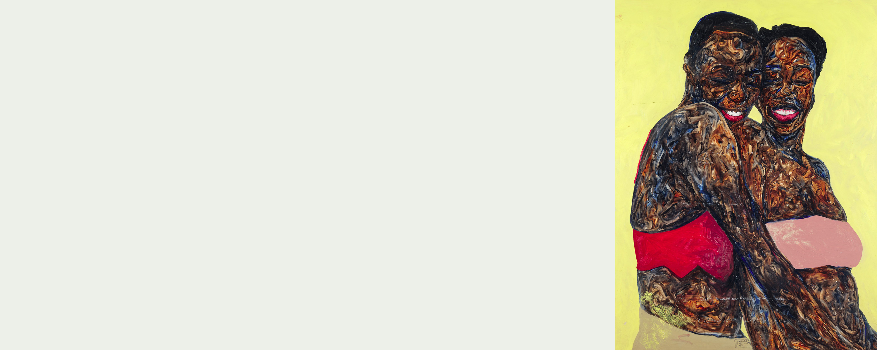 A portrait of two Black figures from the waist up. The figure on the left wears a cropped, red top, and embraces the other figure from behind. The figure on the right wears a light, dusty pink bandeau top. They both have their eyes closed and smile with their teeth showing.