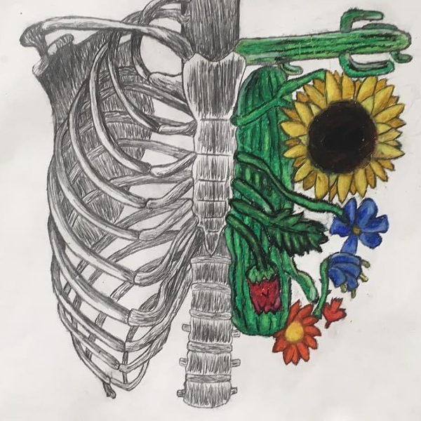 Gray and colored drawing of a rib cage-shaped blooming tree