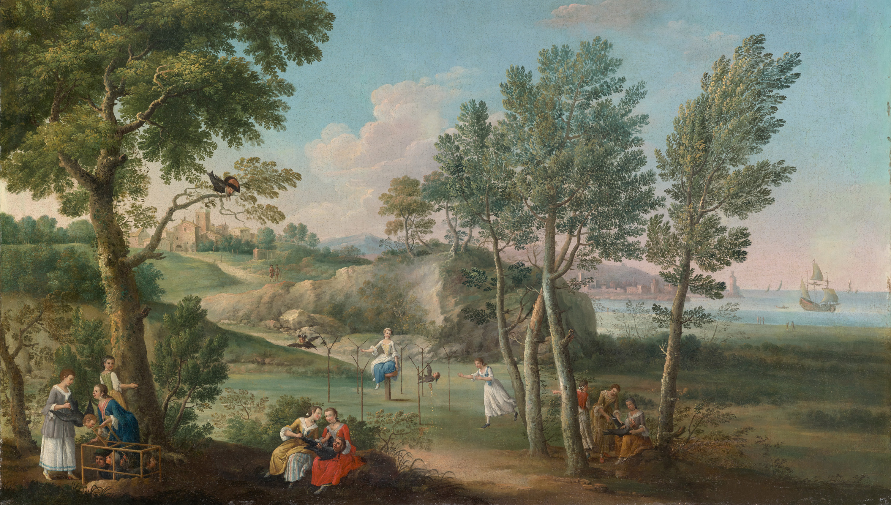 Pastoral painting of a group of men and woman in a lakeside forest