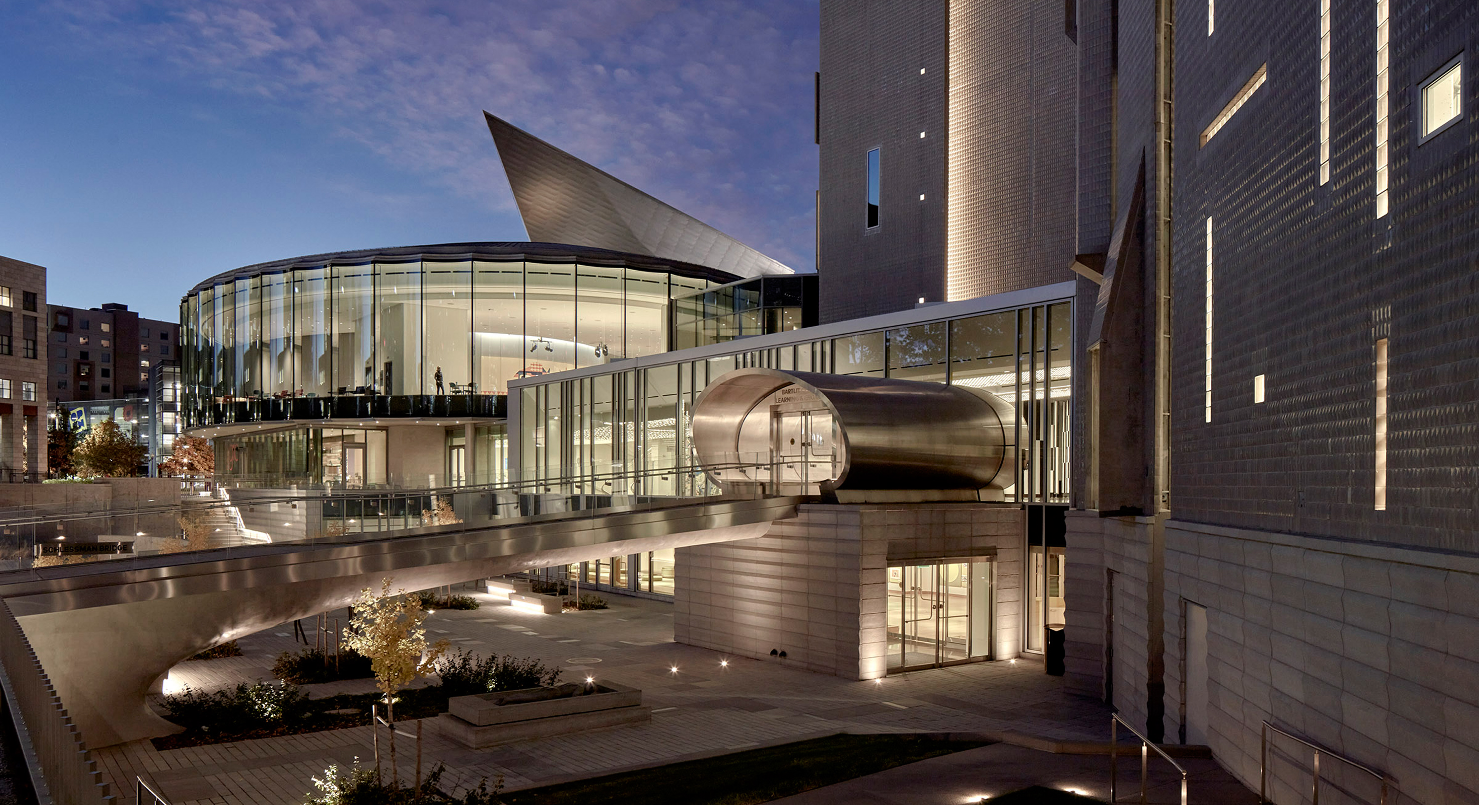 Outside shot of the Martin Building at dusk
