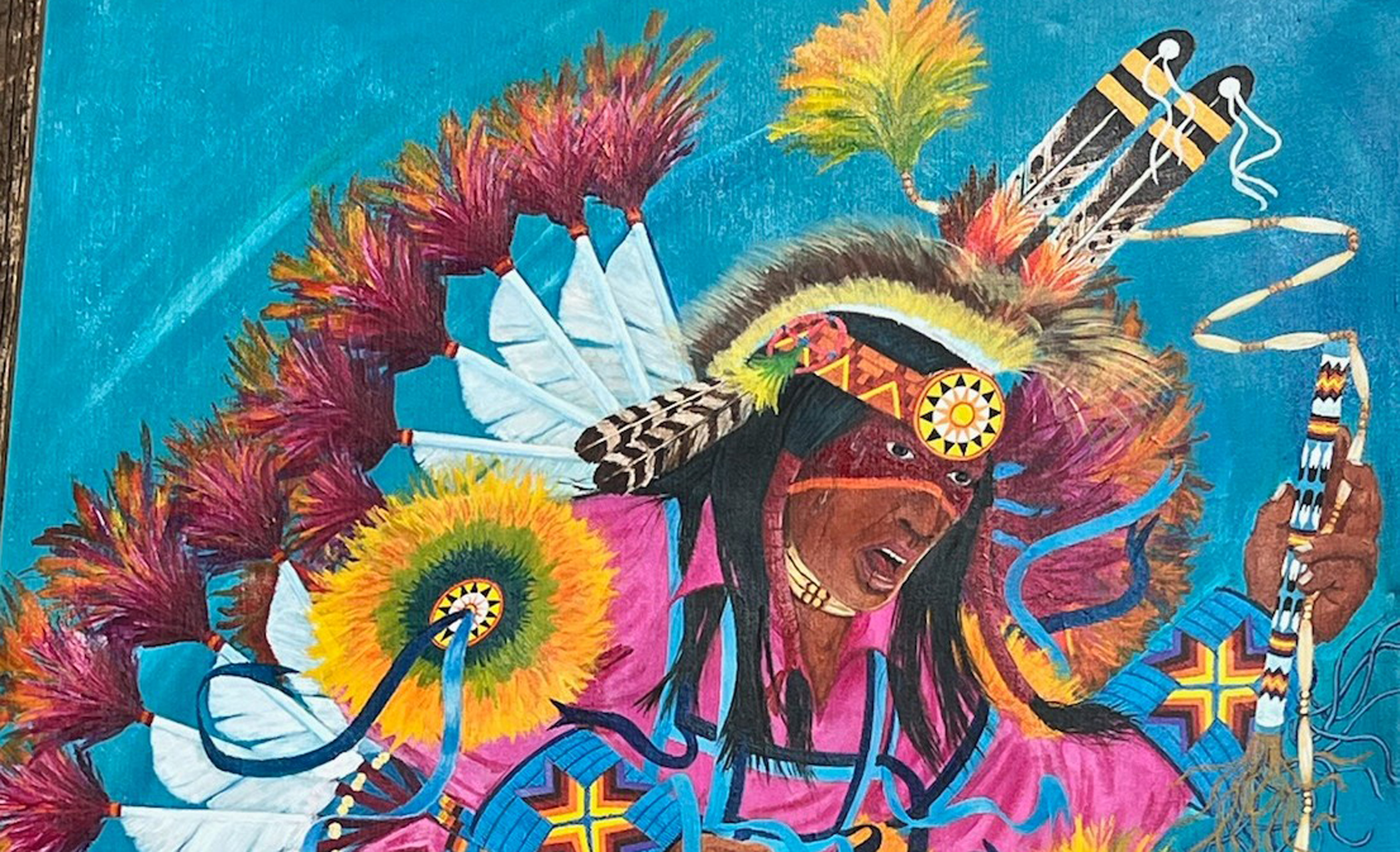 Colorful painting of an elder Native American man against a backdrop of bright turquoise