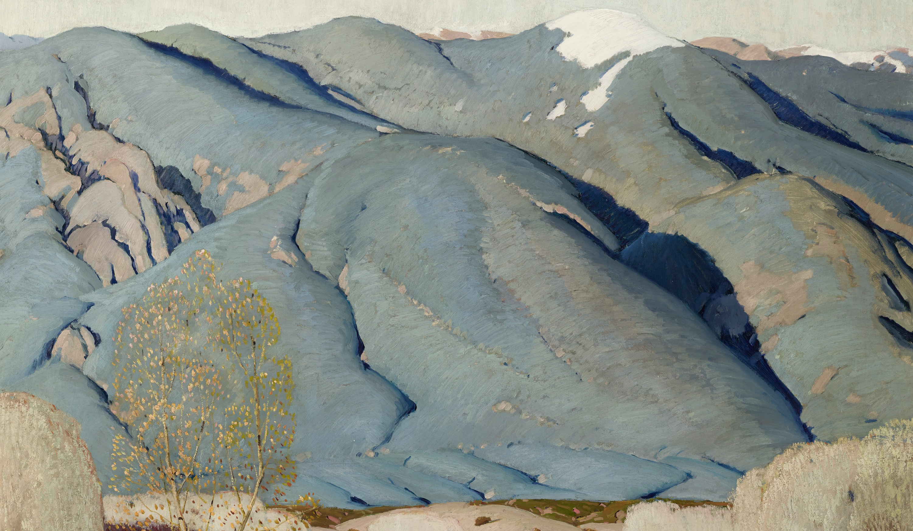 Painting with a soft gray view of a snowed-capped mountain skyline