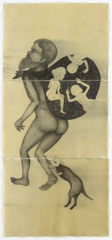 A nude male figure with dark hair and a mid-length beard facing left. He has a satchel on his back with three figures on it, and a small dog nips at his foot on the right.