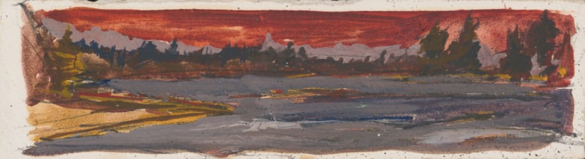 A landscape with a gray-blue body of water in the foreground, trees and mountains in the background, and a maroon tinted sky.