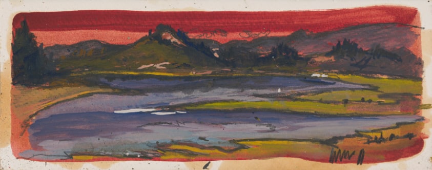 A landscape with a periwinkle body of water in the foreground and green and gray mountains in the background. A red sky above.
