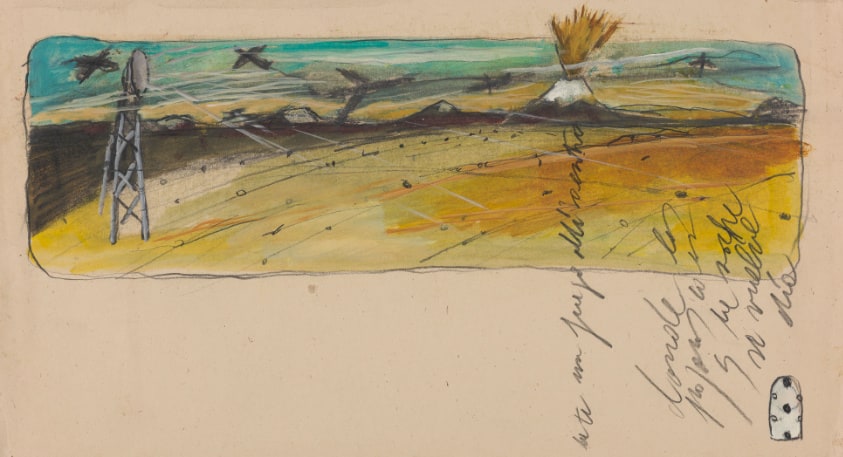 A sparse landscape with a gray satellite tower on the left, an erupting volcano on the right, and five airplanes spanning the top of the composition. On the right, cursive, handwritten text overlaps the landscape at a ninety-degree angle and reads: “Late un fuego allí dentro” (A fire beats within).