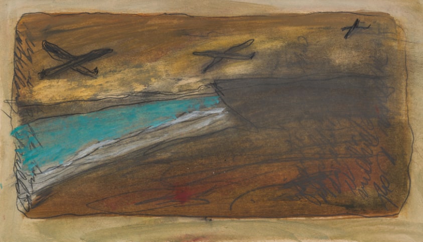A landscape featuring a turquoise-blue river running from the right-hand side to the center of the composition, surrounded by tan desert. Three gray, birdlike or airplane shaped forms span the top of the scene. Handwritten, cursive writing on the left and right of the landscape.