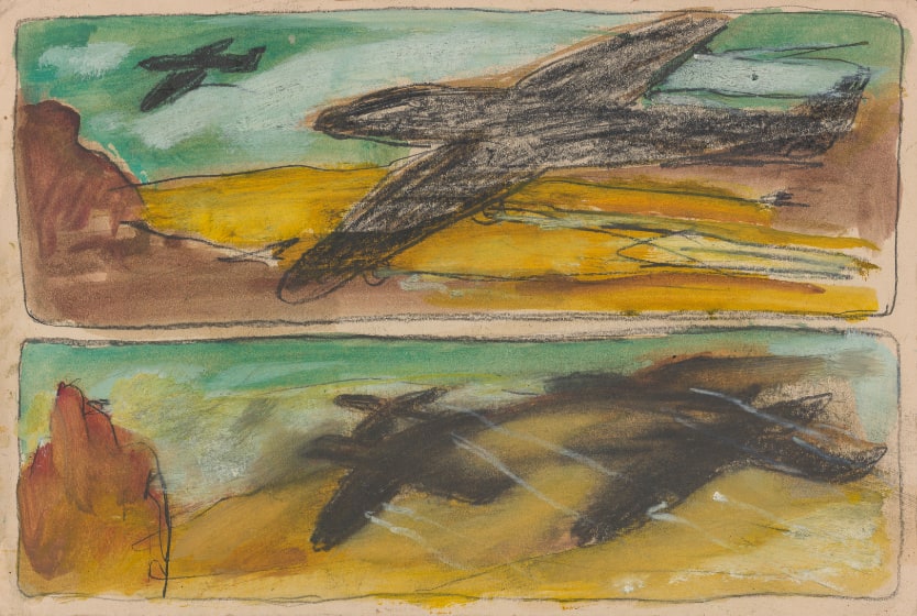 Two similar panoramic landscapes stacked on top of one another. The top features a large gray airplane in the foreground and a smaller one in the top left corner over a yellow landscape with a green sky. The bottom features four smudged and blurry airplanes over a similar backdrop.