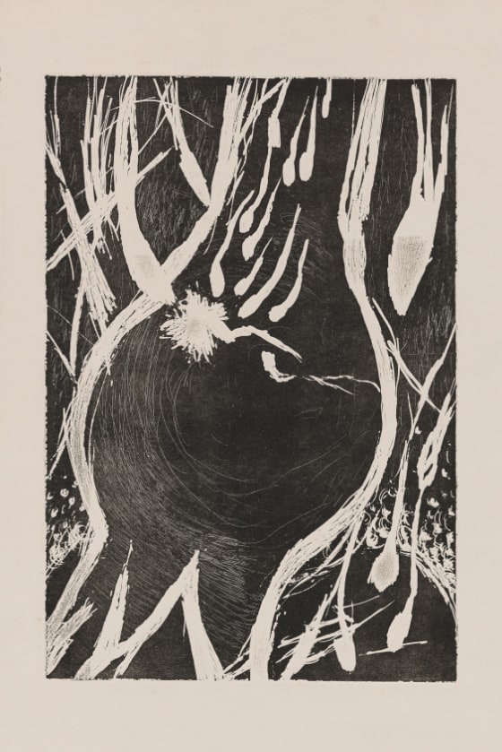 An etching with white marks on a black background featuring sperm cells traveling to a central point in the top lefthand quadrant of the composition.