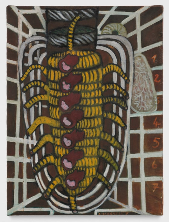 Painting of imagined human anatomy set in a white cage-like structure. The organ looks like corn on the cob with tentacles coming off either side. Seven brick-red blobs with pink tips run vertically down the piece. The numbers 1, 2, 3, 4, 5, 6, 7 run vertically down the right-hand side.