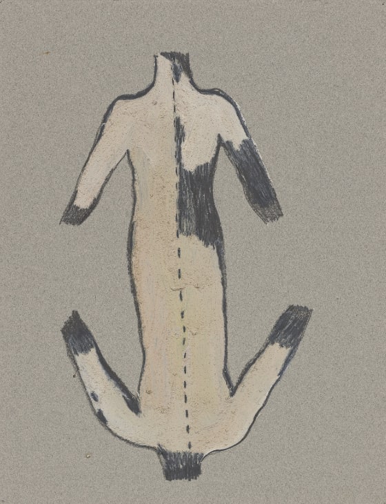 Two human torsos fused together at the base. The top torso is upright, and the bottom one is upside-down so that they mirror each other. A line of black, vertical dashes runs down the center from the top neck down to the bottom neck.