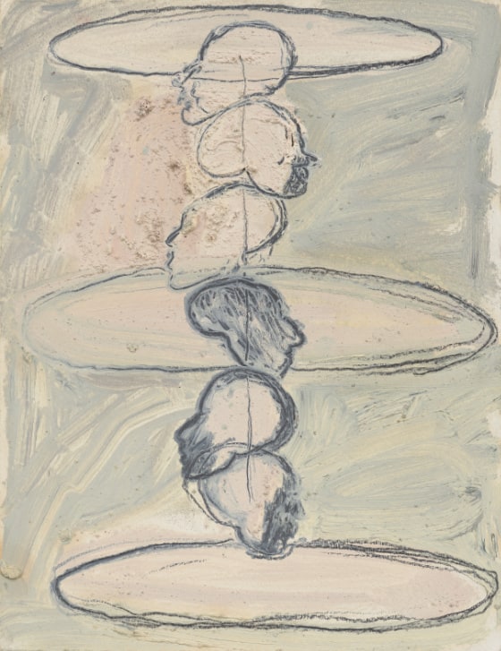 The outlines of six skulls stacked vertically. They are in profile and alternate facing left and right from top to bottom.
