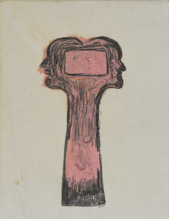 Two human heads in profile, one facing left and the other right, connected at the back of their skulls. They share a long neck, giving the composition a T-shape. The composition is painted a coral-pink, with heavy black outlining and shading. A rectangle is etched into the two connected heads.