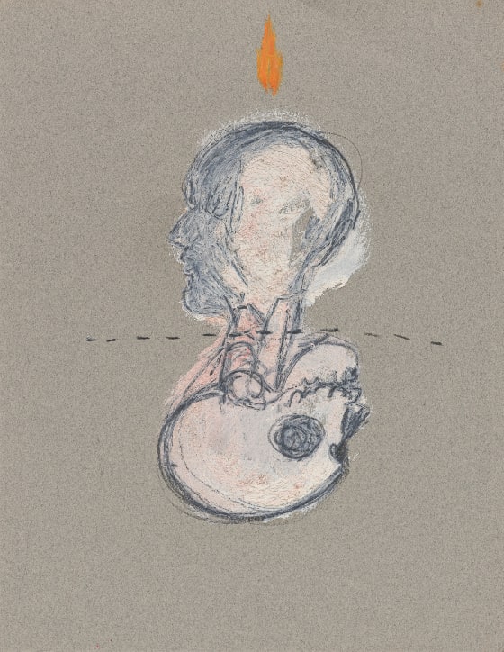 A human head in profile facing left at the top, fused at the neck with an upside-down human skull in profile facing right at the bottom. A line of black dashes runs horizontally through the center of the neck. An orange mark resembling a flame above the head at the top of the composition.