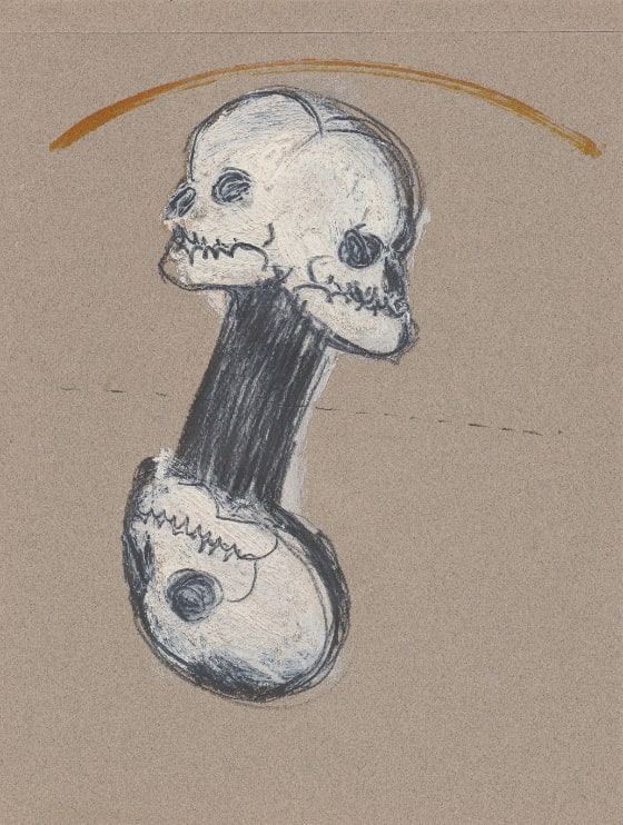 Two skulls fused together at the top connected to another upside-down skull at the bottom by a thick, black neck. A line of black dashes runs horizontally through the center of the neck.