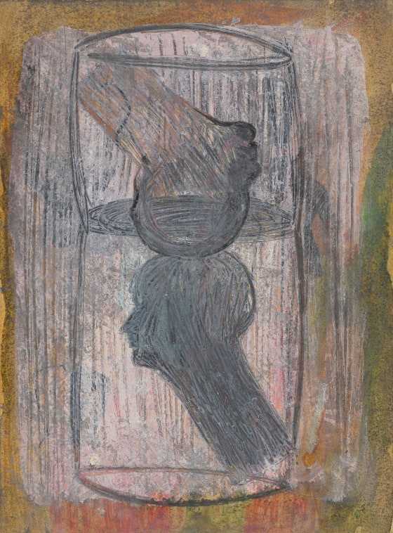 Two human heads with long necks, each in its own jar stacked on top of one another. The top head is upside-down and in profile facing right, while the bottom head is upright and in profile facing left. The tops of the two heads touch in the center.