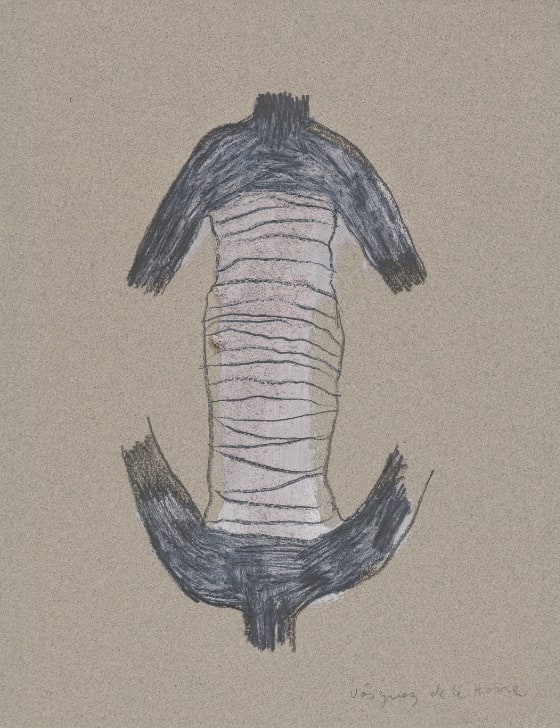 Two human torsos fused together at the base. The top torso is upright, and the bottom one is upside-down so that they mirror each other. The arms and necks are shaded black, and the fused torso is white with horizontal black lines.